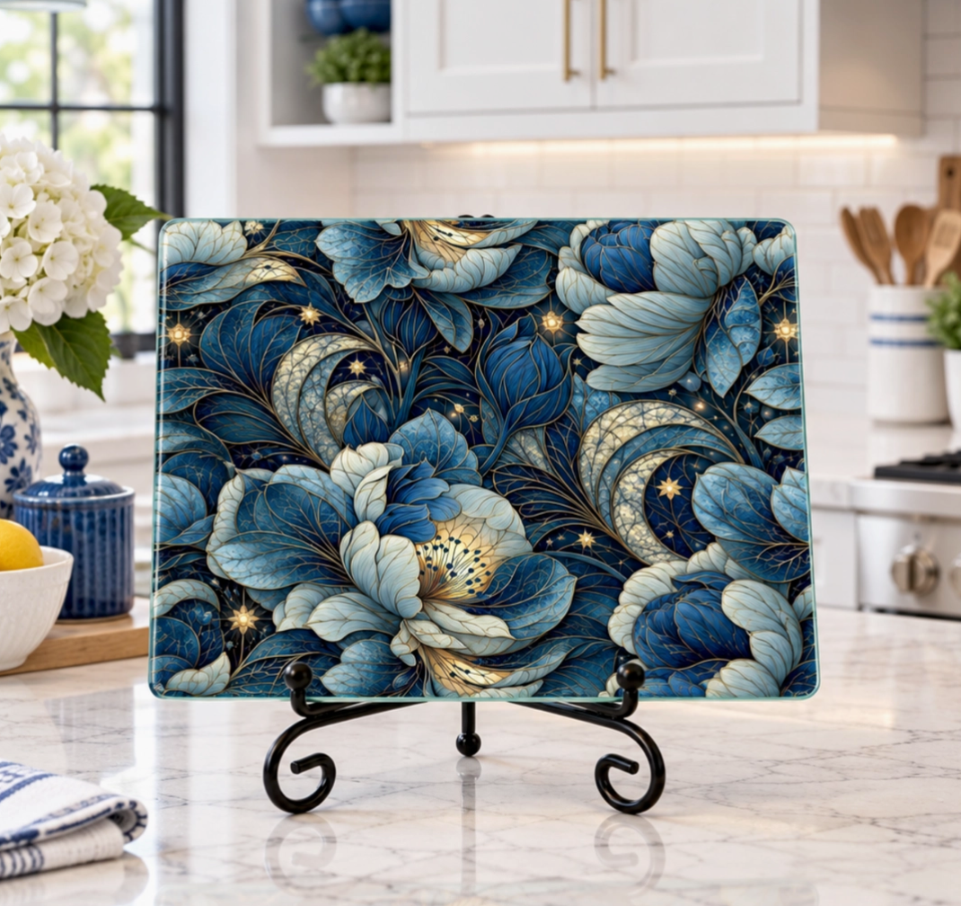 Celestial blue floral and gold glass cutting board displayed on a decorative stand in a kitchen