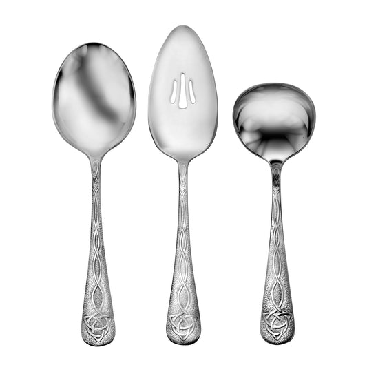 Three silver spoons with intricate designs on a white background