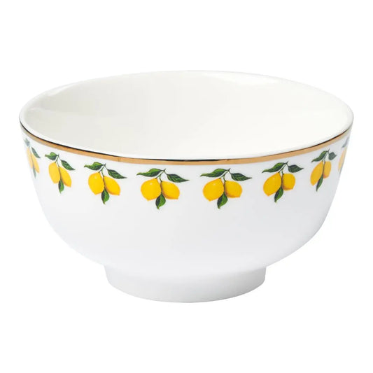 White bowl with lemon design on a white background