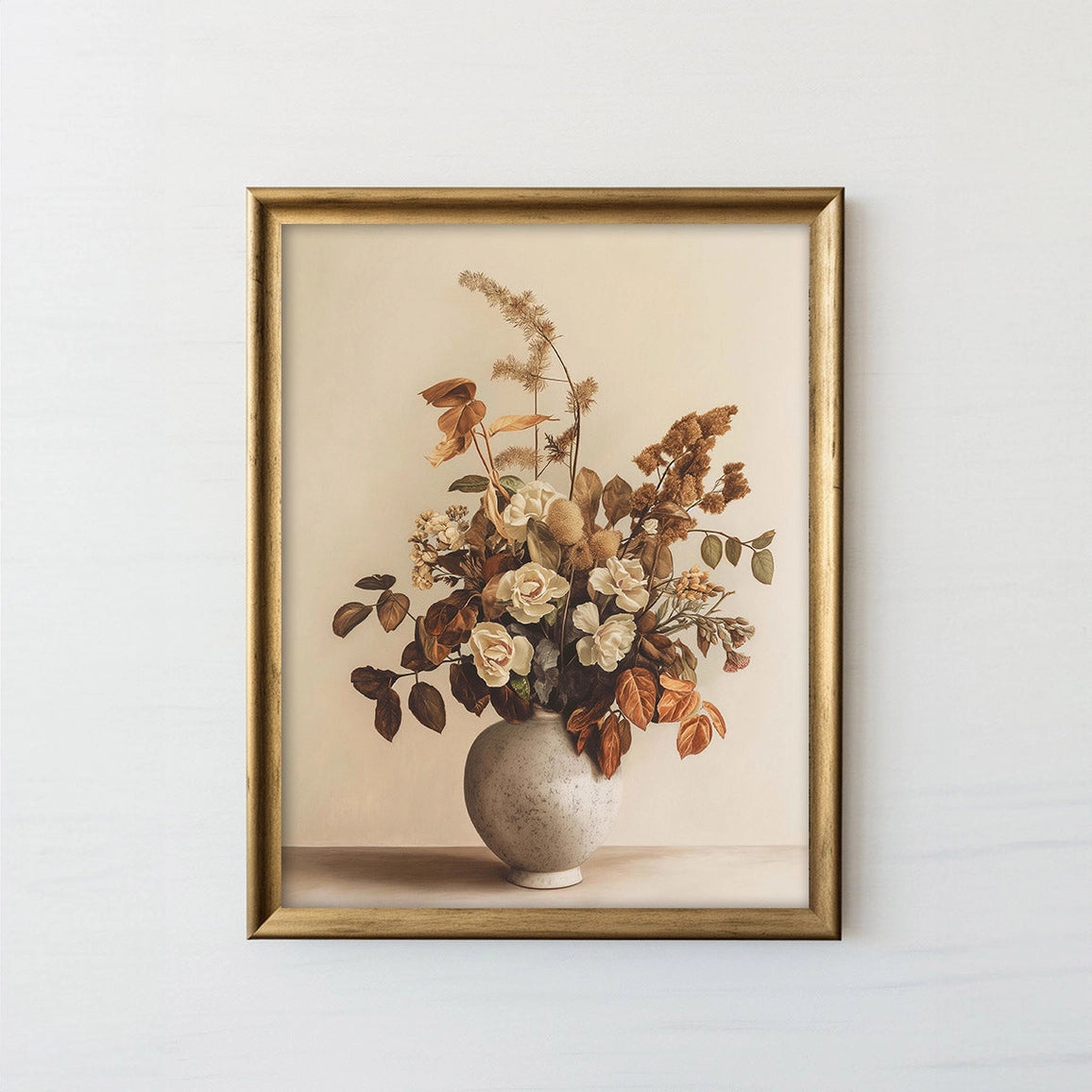 Framed artwork of a floral arrangement in a vase on a light background