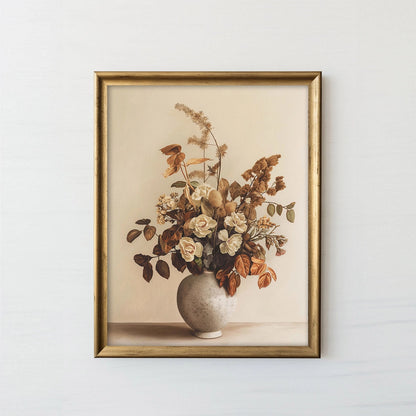 Framed artwork of a floral arrangement in a vase on a light background