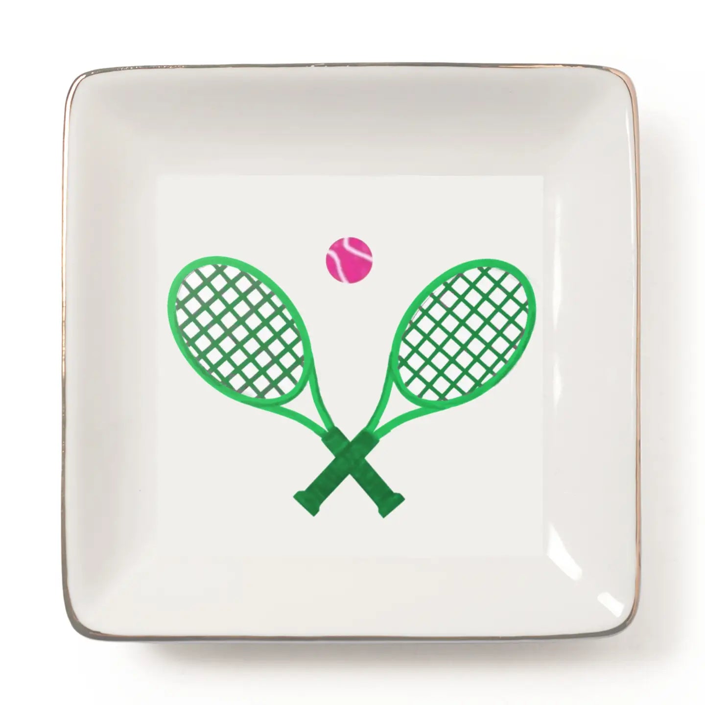 A square white ceramic plate with a metallic gold rim, featuring a green graphic of two crossed tennis rackets and a pink tennis ball in the center.