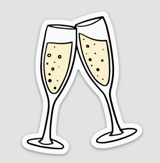 Two cartoon champagne glasses with bubbles on a light gray background