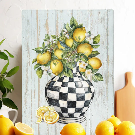 Checkered Vase with Lemons Glass Cutting Board Trivet - NY Gift Boutique