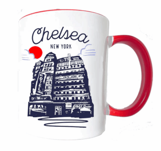 Mug with Chelsea New York design featuring a building illustration and red handle on a white background