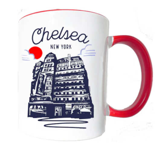 Mug with Chelsea New York design featuring a building illustration and red handle on a white background