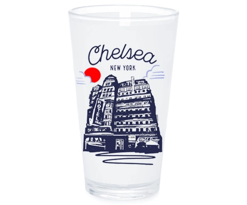 Clear glass with 'Chelsea New York' design on a white background