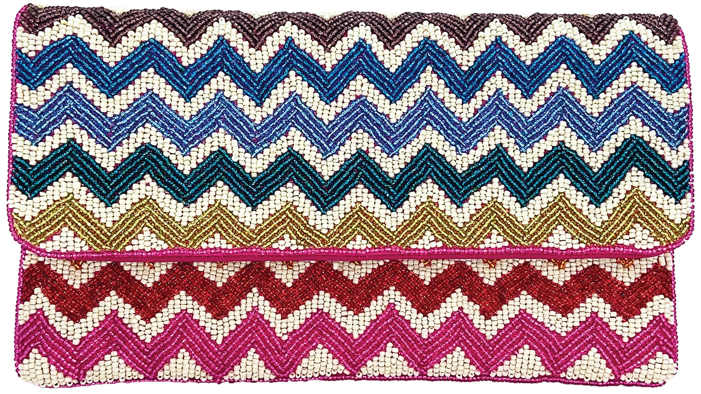 Multicolored zigzag patterned clutch bag