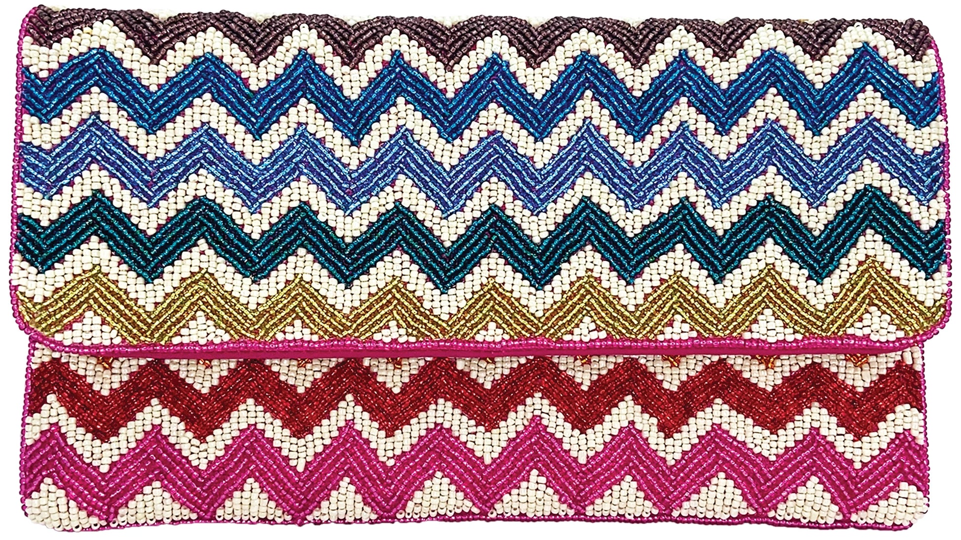 Multicolored zigzag patterned clutch bag
