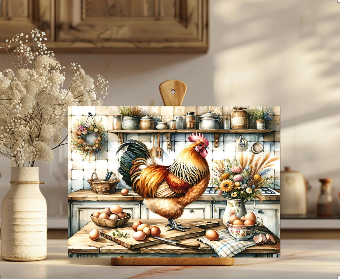 Decorative painting of a rooster in a kitchen setting on an easel.
