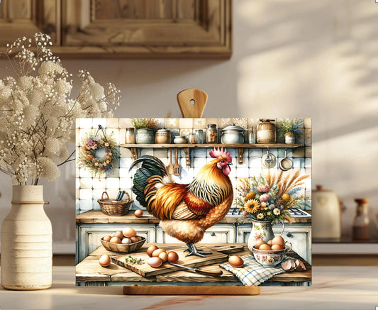 Decorative painting of a rooster in a kitchen setting on an easel.