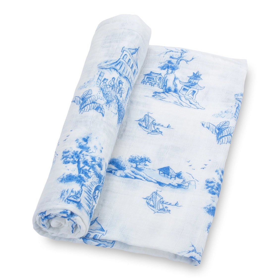 Two rolls of white fabric with blue toile pattern on a white background