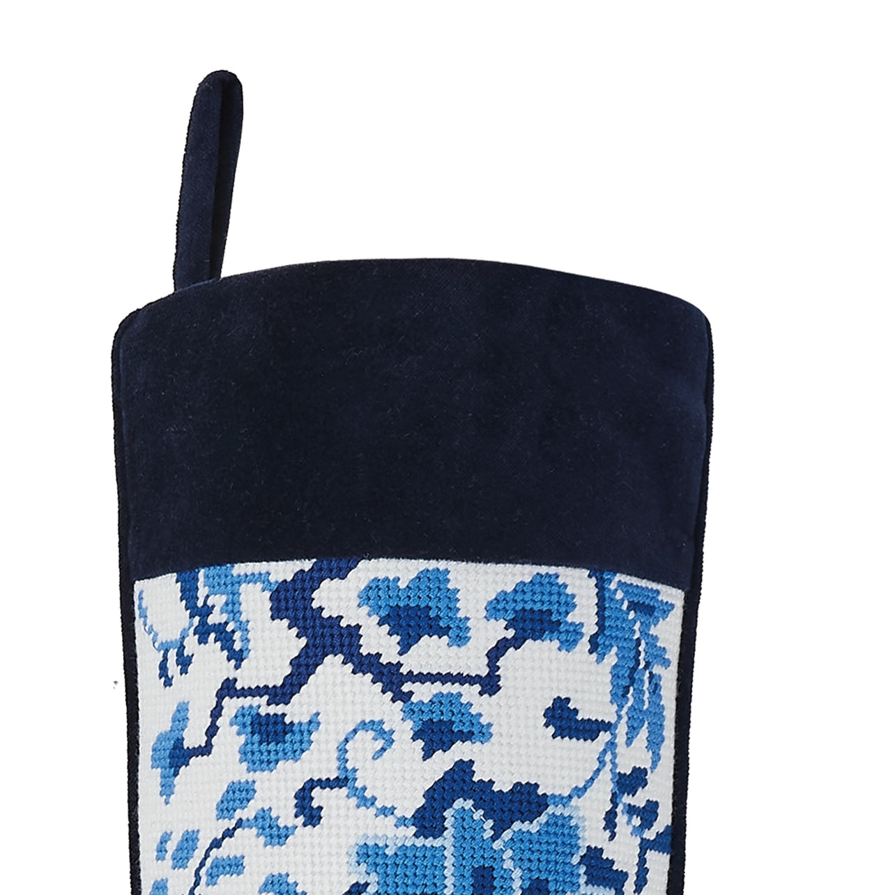 Navy velvet cuff on blue and white Chinoiserie needlepoint Christmas stocking