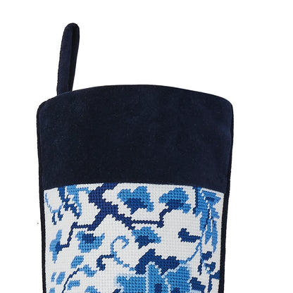 Navy velvet cuff on blue and white Chinoiserie needlepoint Christmas stocking