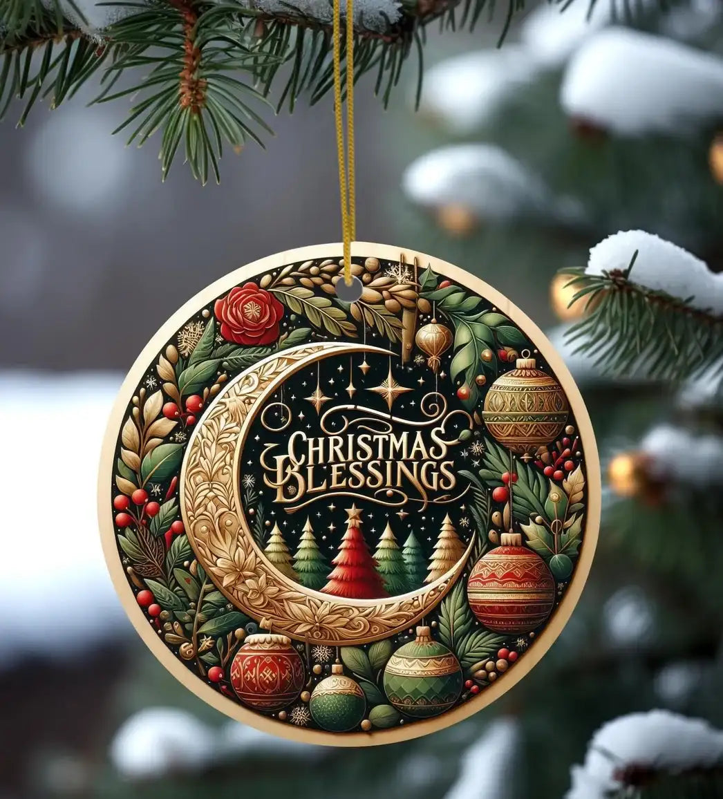 Decorative Christmas ornament with 'Christmas Blessings' text on a tree.