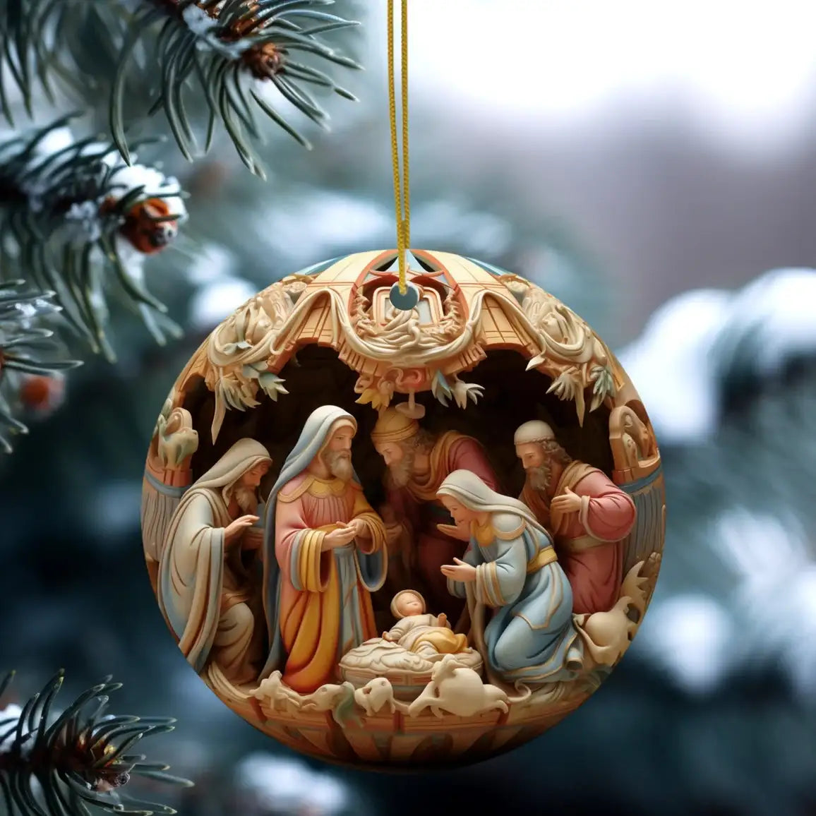 Decorative Christmas ornament with nativity scene hanging on a tree branch.