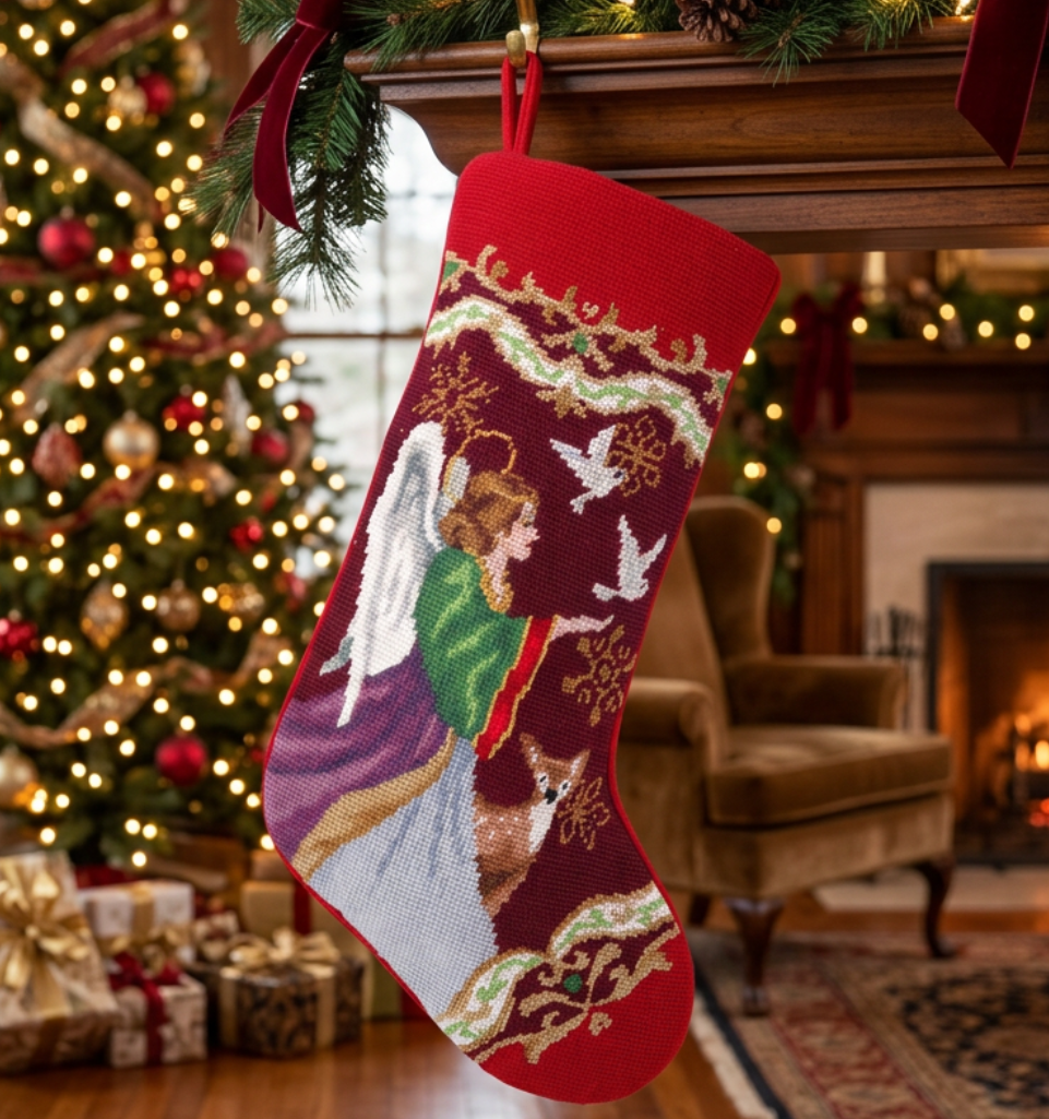 Handcrafted Christmas Angel wool needlepoint stocking featuring an angel, white doves, golden snowflakes, burgundy background, and red cuff.