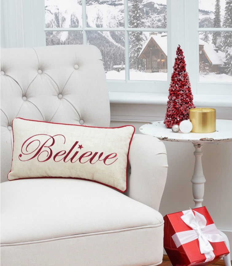 Christmas Believe Embroidered Lumbar Throw Pillow – 10" x 19" - NY Gift Boutique