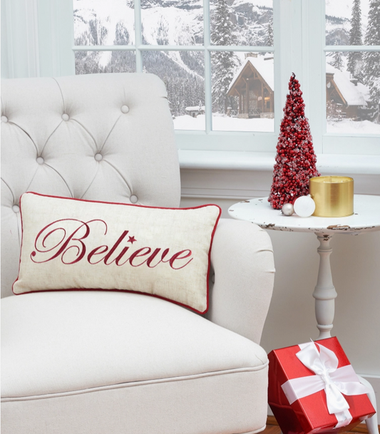 Christmas Believe Embroidered Lumbar Throw Pillow – 10" x 19" - NY Gift Boutique