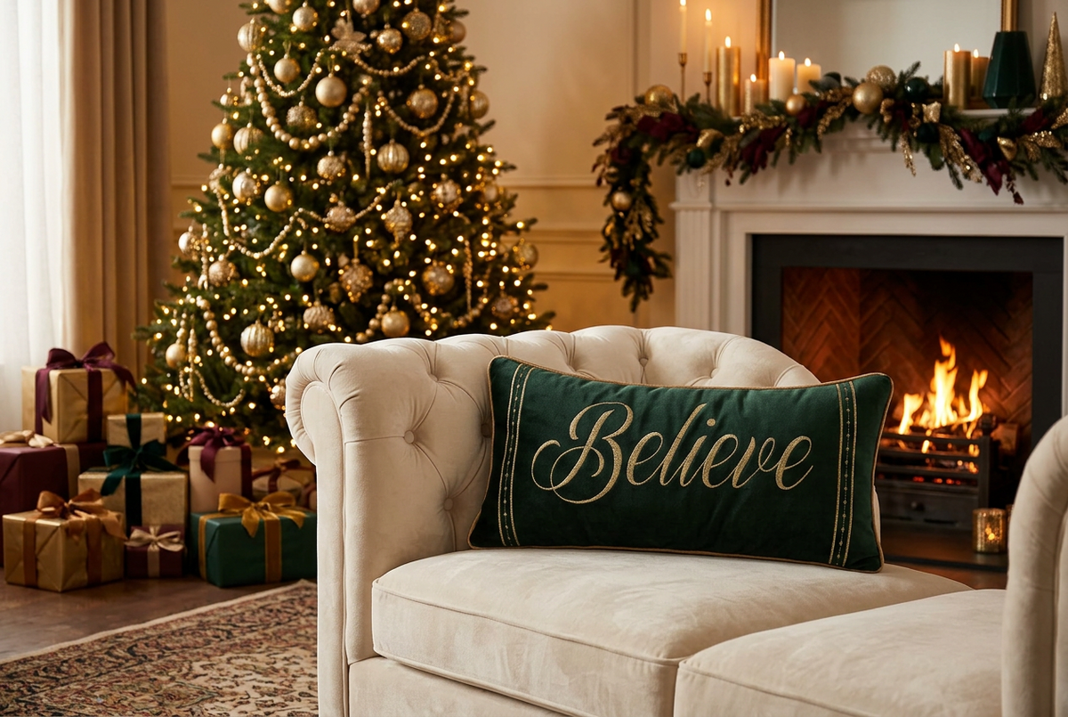 Emerald green rectangular Christmas lumbar throw pillow featuring large metallic-gold embroidered Believe script, decorative gold vertical side borders, and coordinating gold piping.