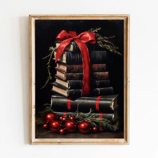 Framed artwork of stacked books with a red ribbon and berries on a dark background