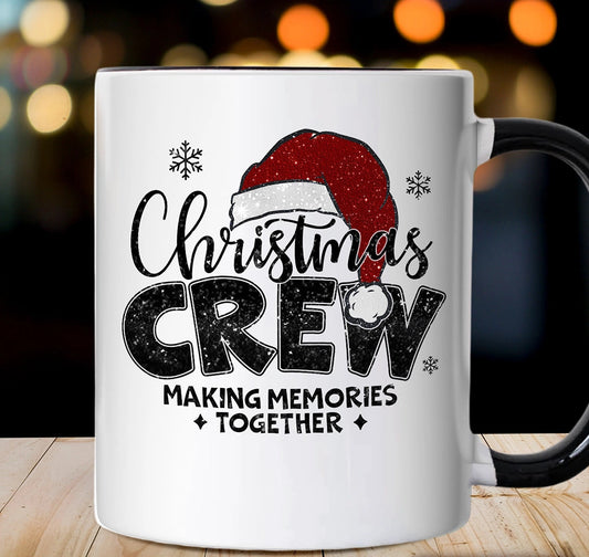White mug with 'Christmas Crew Making Memories Together' text and Santa hat graphic on a blurred background.