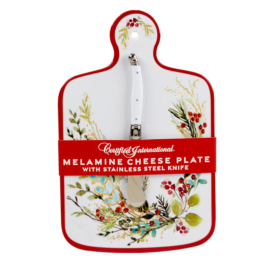 Melamine cheese plate with floral design and knife on a white background