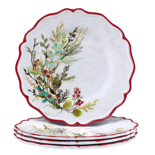 Set of decorative plates with floral design and red rim on a white background