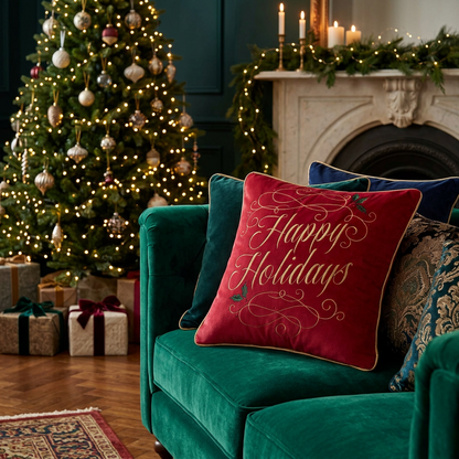 Christmas Happy Holidays Red & Gold Embroidered Throw Pillow - NY Gift Boutique