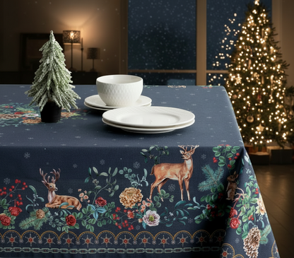 Tablecloth with deer and floral design on a table with white plates and a small tree.