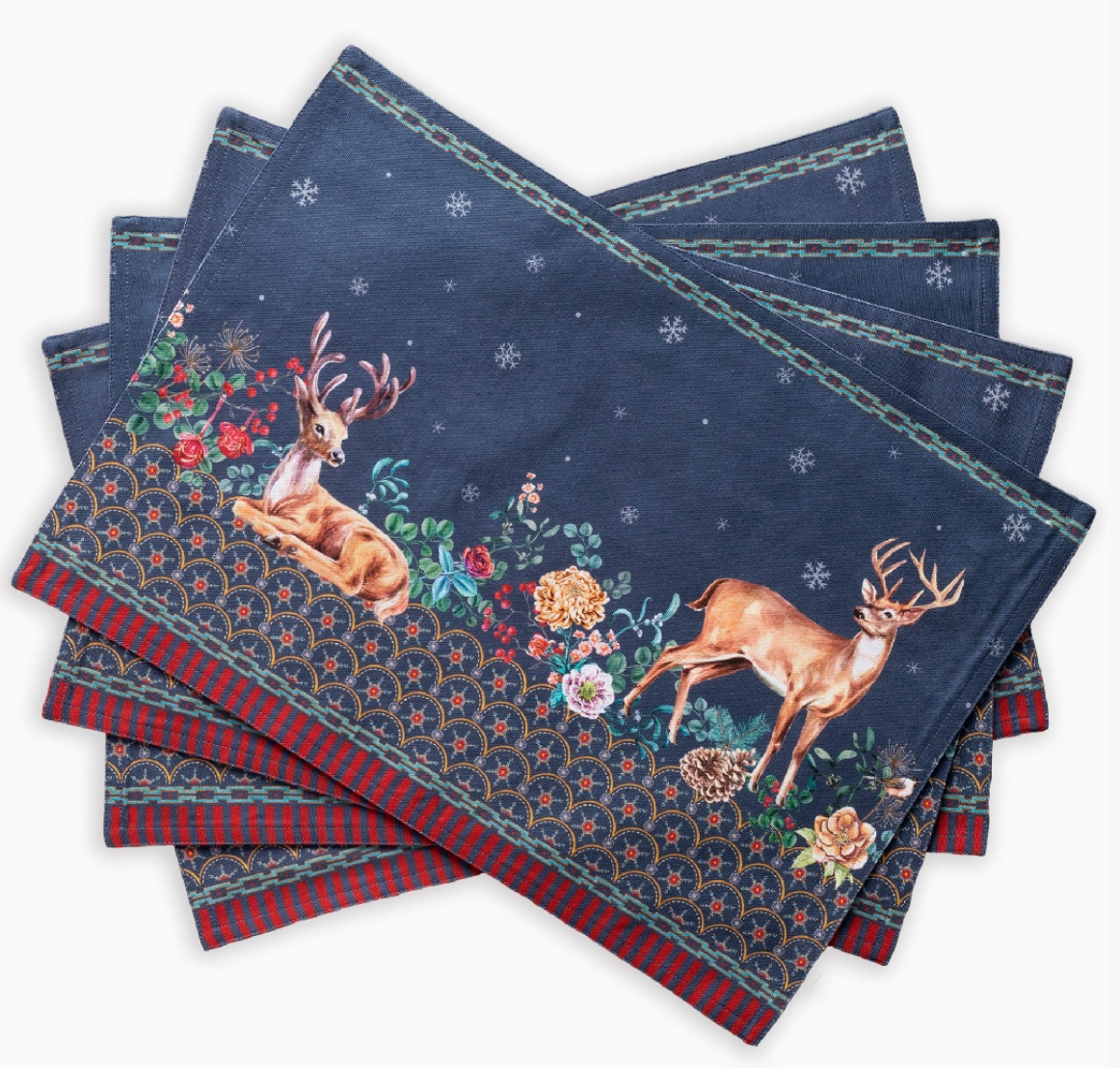 Set of blue napkins with deer and floral patterns on a white background