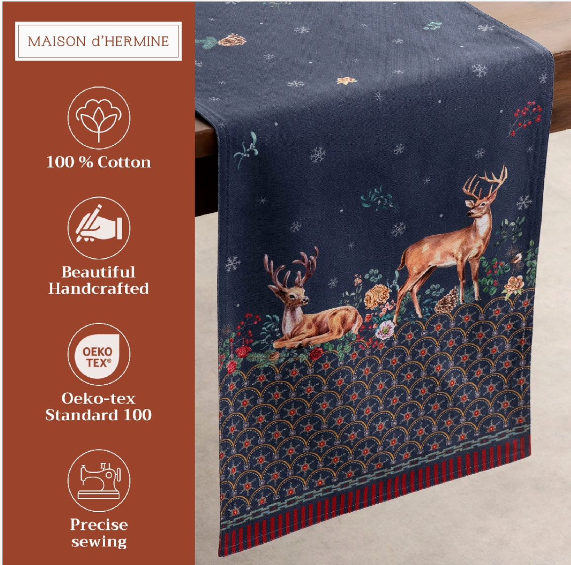 Table runner with deer design on a table, featuring Maison d'Hermine branding and product details.