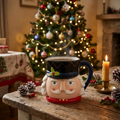 Christmas Drummer Nutcracker ceramic coffee mug featuring a sculpted soldier face, black hat with holly detail, red uniform, and glossy blue handle.