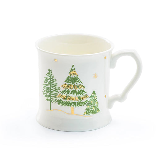 White mug with green Christmas tree design on a white background