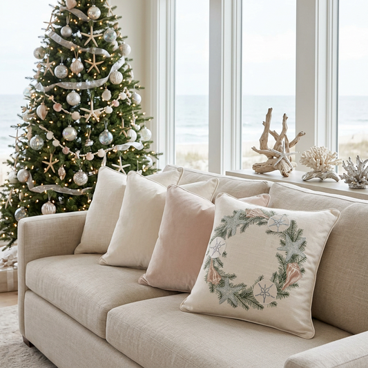Christmas Shell Wreath Coastal Throw Pillow – 18" - NY Gift Boutique