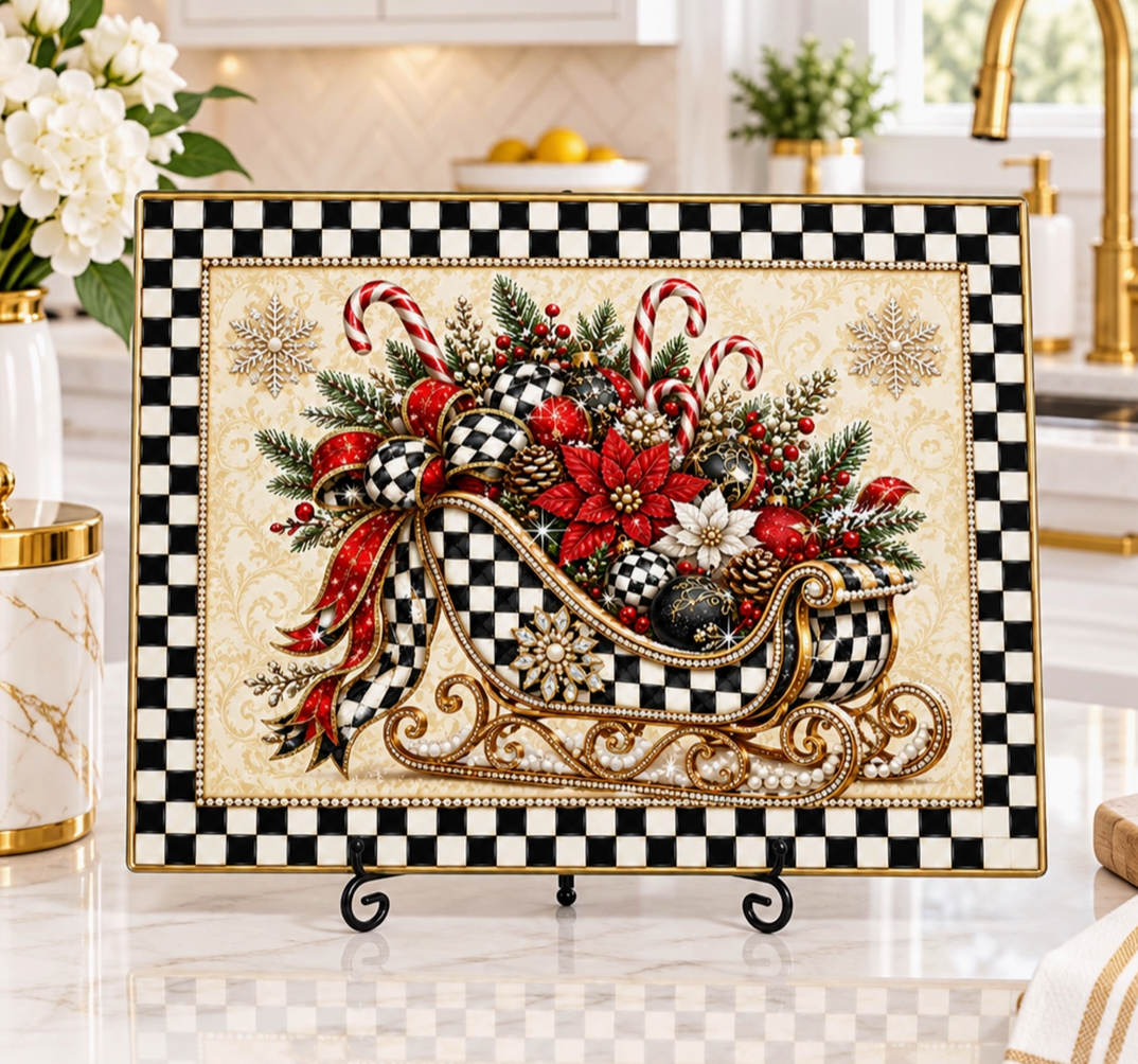 Black and white checker Christmas sleigh glass cutting board with poinsettias candy canes and holiday ornaments