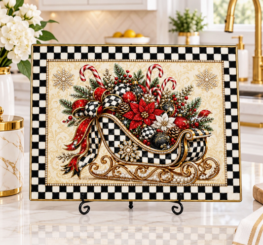 Black and white checker Christmas sleigh glass cutting board with poinsettias candy canes and holiday ornaments