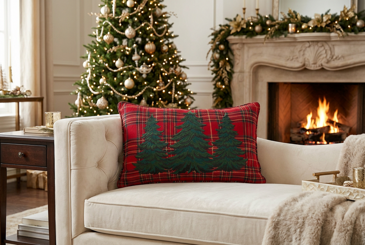 Rectangular red Christmas plaid throw pillow with three embroidered dark green spruce trees across the front, accented by forest green and golden-yellow tartan lines.