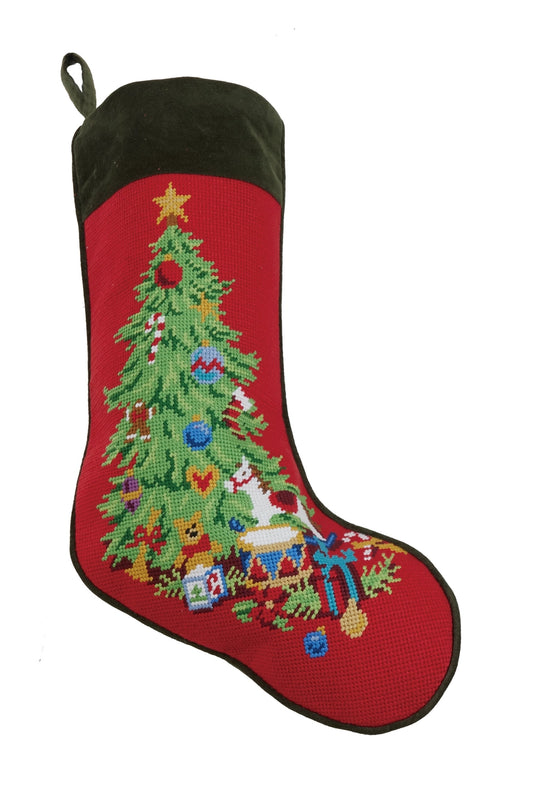 Red Christmas stocking with embroidered design on a white background