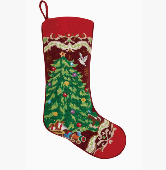 Christmas tree embroidered stocking with ornaments, gifts and reindeer on red background