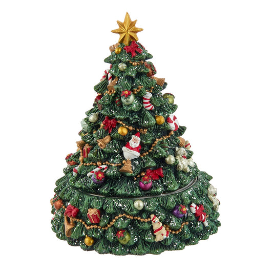 Decorative Christmas tree music box with ornaments on a white background