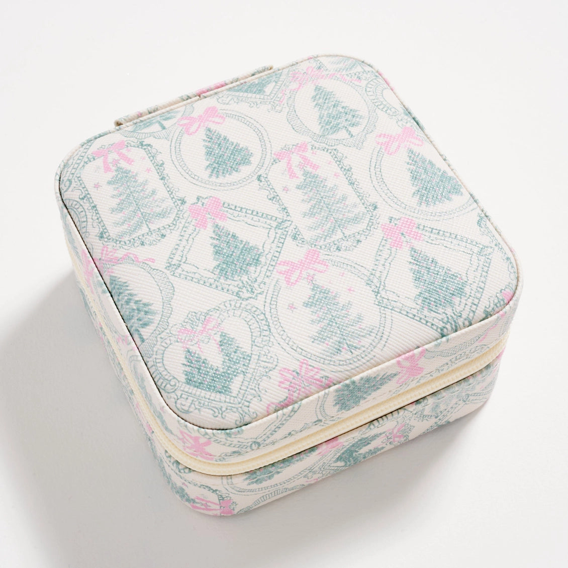 Patterned jewelry box on a light gray background