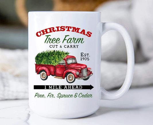 Christmas Trees Farm Red Pick Up Truck Coffee Mug