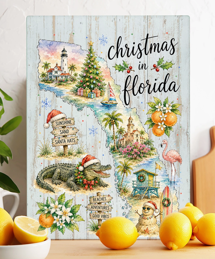 Christmas in Florida state map glass cutting board with palm trees, flamingo, alligator and tropical holiday scenery
