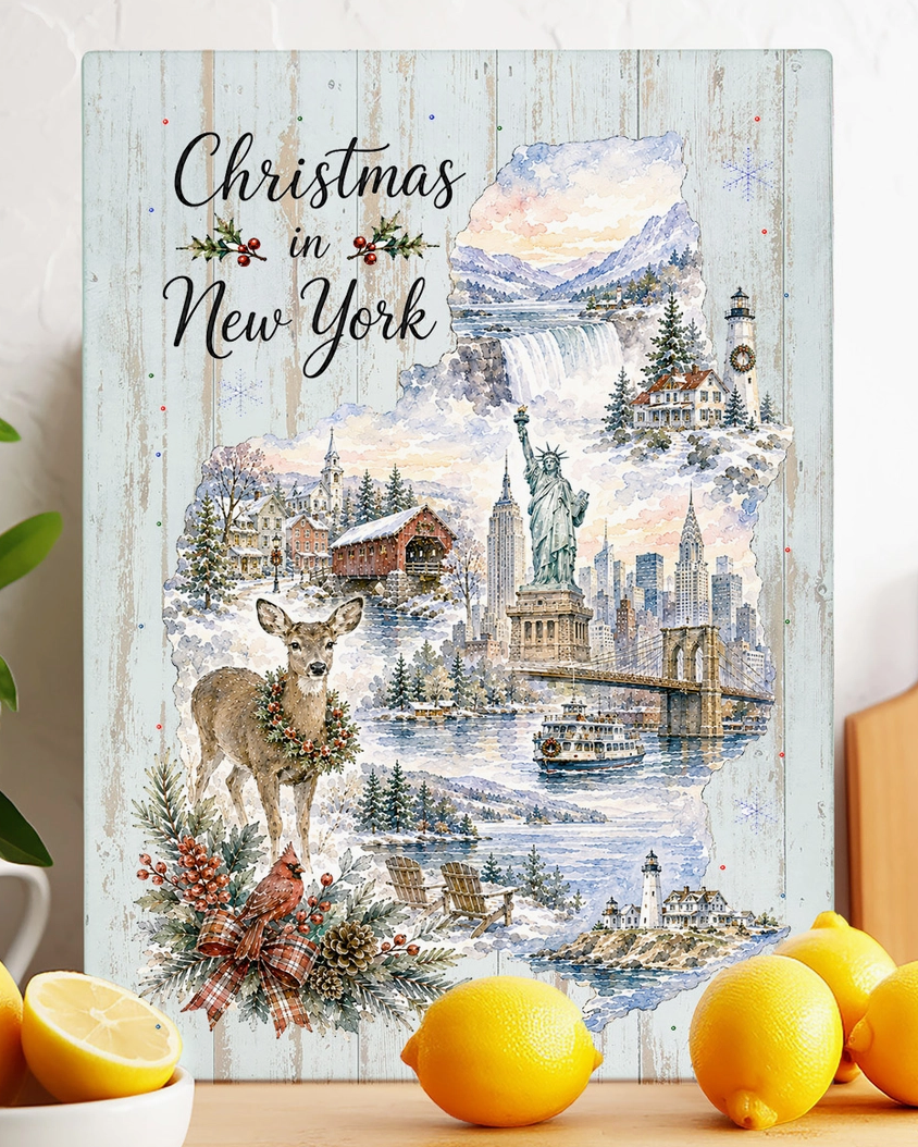 Christmas in New York state map glass cutting board with NYC landmarks, Niagara Falls and winter holiday scenery