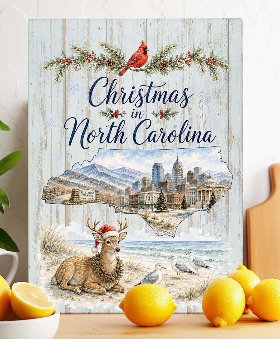 Christmas in North Carolina state map glass cutting board with Blue Ridge Mountains, city and coastal holiday scenery