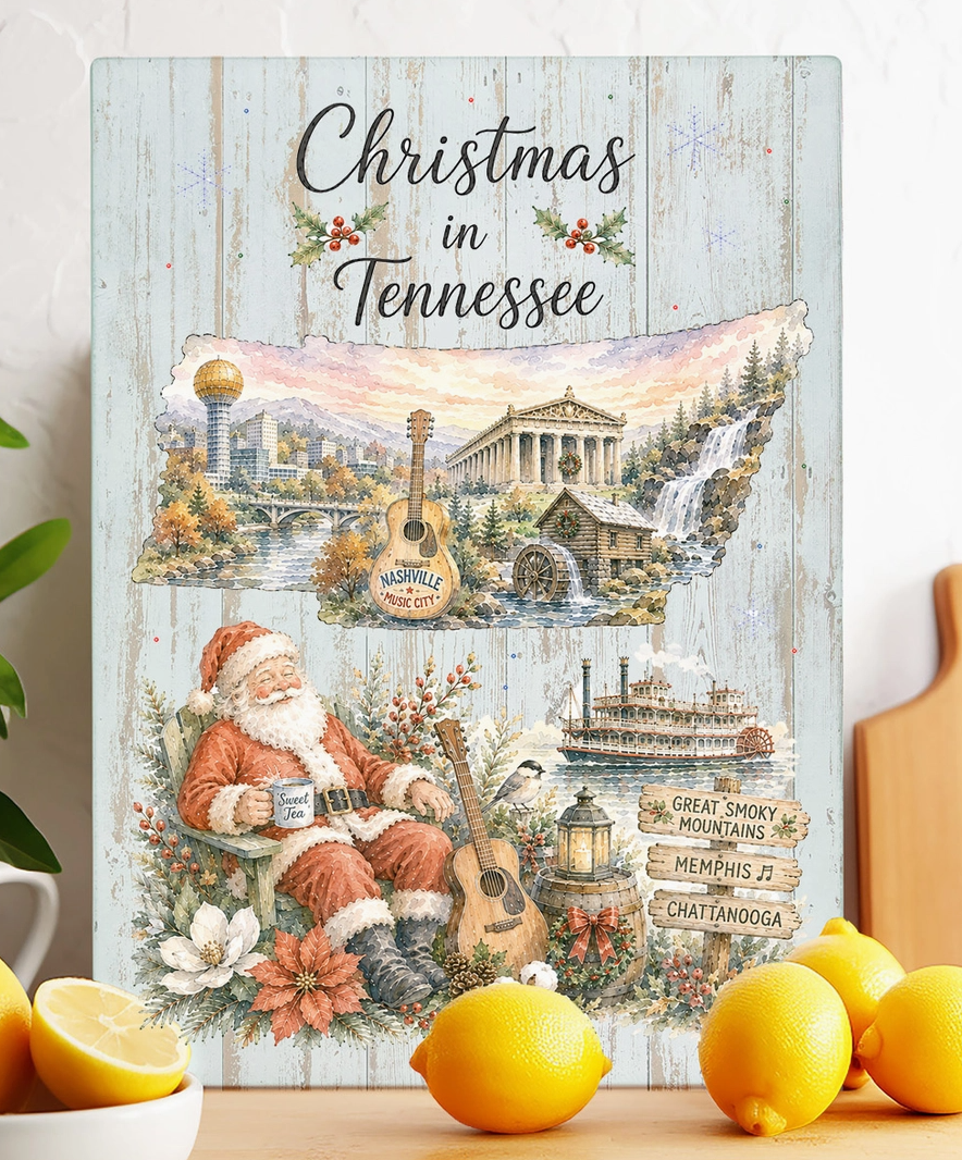 Christmas in Tennessee state map glass cutting board with Nashville guitar, Smoky Mountains and festive holiday scenery