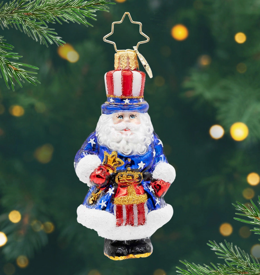 Christopher Radko All-American Santa Gem patriotic glass Christmas ornament in red white and blue