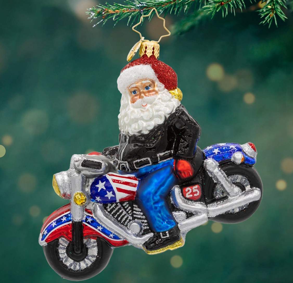 Christopher Radko Cruisin Claus Santa motorcycle glass Christmas ornament front view