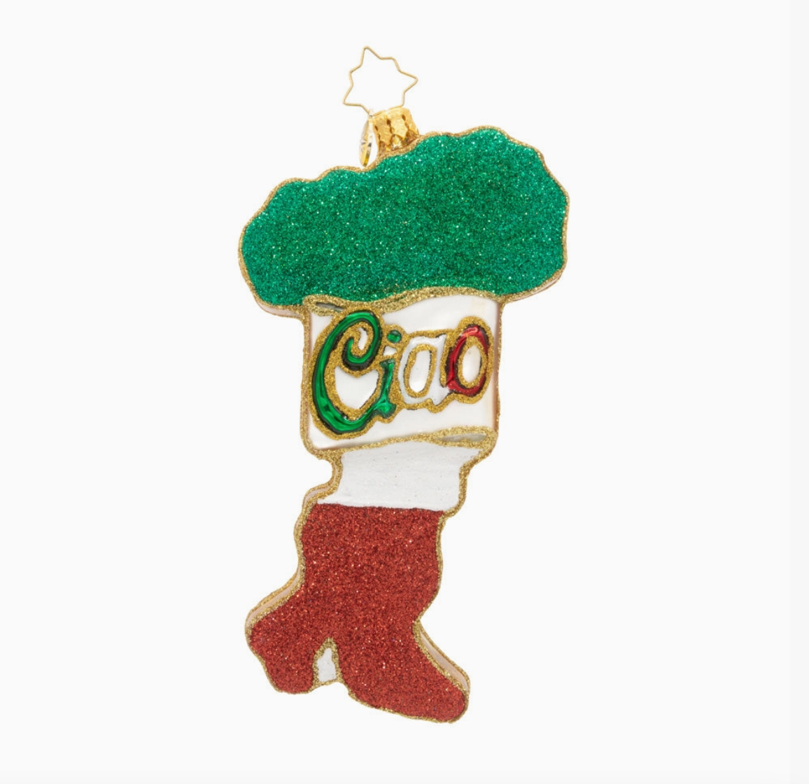 Back of Christopher Radko Italian Charm Christmas ornament with Ciao and red white green Italian stocking
